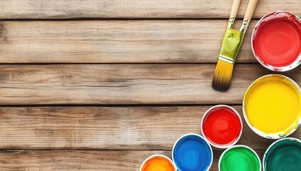 Paint cans and brush on a wooden surface