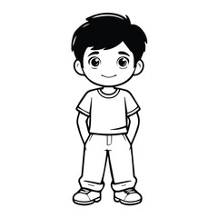Obraz premium Young boy in casual clothing standing confidently. Smiling boy in casual wear with hands in pockets, in a plain white background. Illustration of a child ready for coloring.