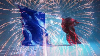 Glitching effect revealing animated French flag in studio set, with fireworks and reflective floor - Powered by Adobe