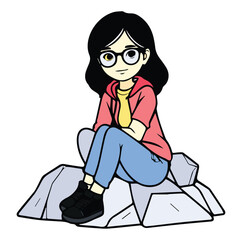 Female teen in casual wear sitting on rocks outdoors. Relaxed pose in a nature background. Teenager student in a park -