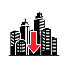 Cityscape with high-rise buildings and a down arrow. Concept of falling real estate market. Vector illustration.