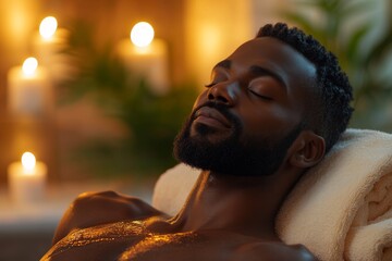 african man at spa with candles and towel