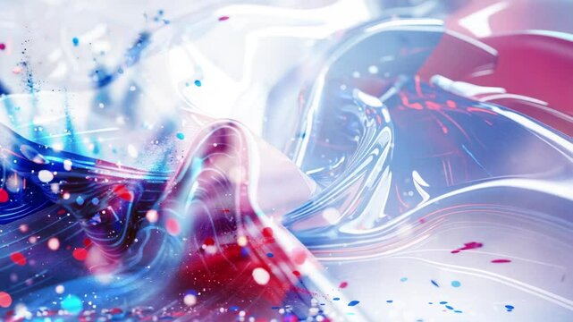 Flowing abstract ridge morphing over five steps in 3D, with red blue white confetti dots drifting