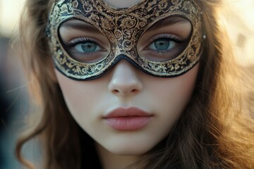 Close up of young beautiful woman in mask