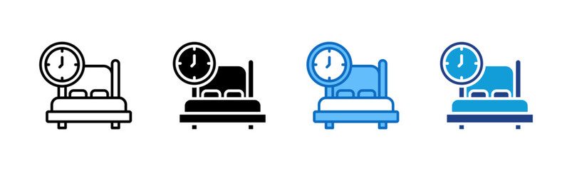 Sleep Time - Multi Style Icon Sheet Vector Design - bed with a clock, representing scheduled or sufficient sleep time