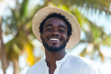 Smiling african man in white clothes in tropical background with palms