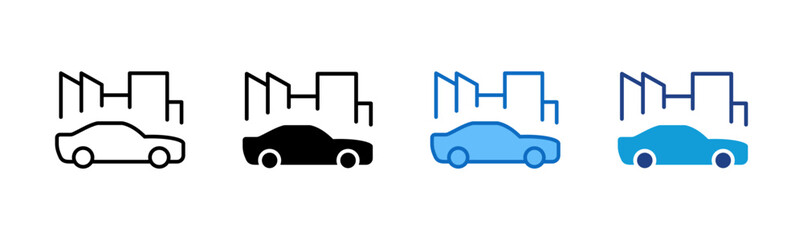 City Drive - Multi Style Icon Sheet Vector Design - car silhouette with urban skyline in the background, indicating city driving or commute