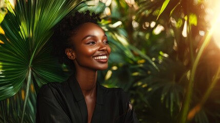 Smiling african woman in black clothes in tropical background with palms with copy space