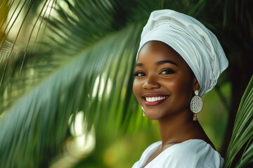 Smiling african woman in tropical background with palms with copy space