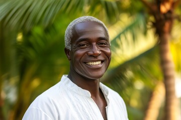 Smiling african mature man in white clothes in tropical background with palms