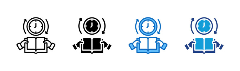 Consistency - Multi Style Icon Sheet Vector Design - person reading with clock and arrows, showing steady routine and learning
