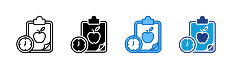 Obraz premium Diet Schedule - Multi Style Icon Sheet Vector Design - clipboard with an apple and clock, illustrating a timed diet or nutrition plan