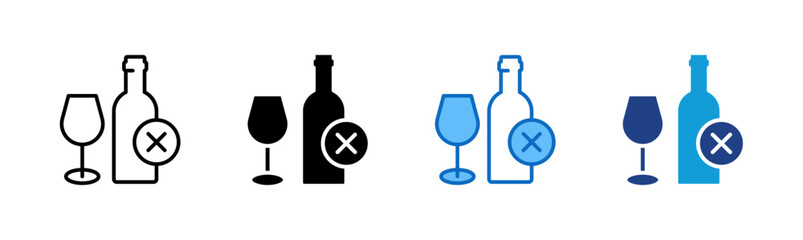 No Alcohol - Multi Style Icon Sheet Vector Design - wine bottle and glass with an “X” mark, symbolizing alcohol restriction or abstinence
