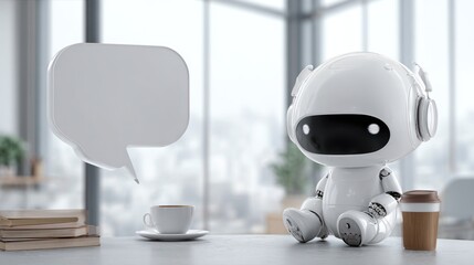 Photo of an AI robot with coffee and an empty speech bubble, on a table in an office room, with a copy space area for text or a logo. The color theme is white. 