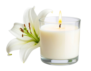 White Candle in Glass Holder with White Lily Blossom, isolated on a transparent background PNG