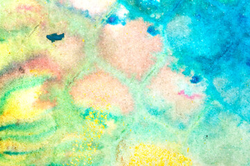 Vibrant Explosion of Multicolour Rainbow Watercolour Paint Splatters and Circles Spots on White Background