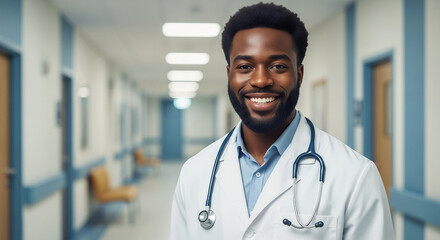 Portrait of a confident young African American male doctor standing in a hospital corridor. Smiling healthcare professional wearing a white lab coat and stethoscope, looking directly at the camera. Br