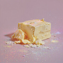 pale yellow block of butter or frosting, sits atop a bed of pink glitter and powdered sugar on a pastel pink background.