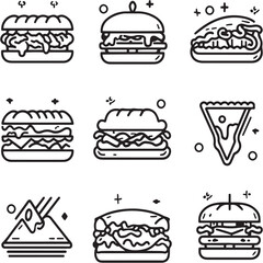 Philly cheesesteak Black Line Editable Icons set