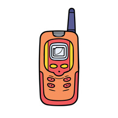 Vintage orange cellular phone with antenna, displayed in a simple, flat design. A graphic representation of a retro mobile device, ideal for illustrating historical trends in communication.