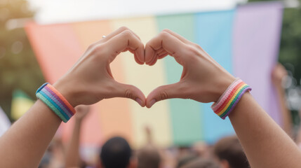 Fototapeta premium Celebrating love and diversity, hands form heart shape against vibrant rainbow flag backdrop, symbolizing unity and pride