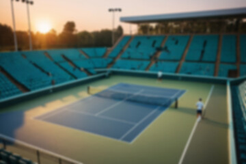 Obraz premium Blurry photo of tennis court with magnificent stadium, there are empty spectator seats, modern theme, sports.