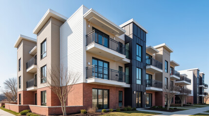 Obraz premium Modern apartment building with sleek design, featuring balconies and large windows, surrounded by landscaped greenery