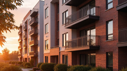 Fototapeta premium Modern apartment buildings with balconies and sunset lighting create warm atmosphere. architecture features brick and contemporary design elements