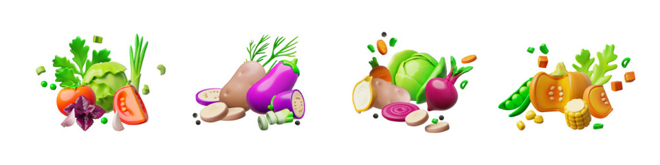 Set of 3D vector vegetables: cabbage, eggplant, corn, potato, tomato, greens, pumpkin.