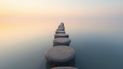 Obraz premium Serene pathway of circular stones leading across calm water at sunrise, creating tranquil and peaceful atmosphere