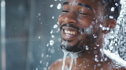 A happy African American man is standing under a stream of water in his bathroom. He is washing himself with foamy gel. He is smiling and looks handsome. He is taking his morning shower.