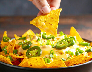 Chip being pulled out of bowl of cheese covered nachos with jalapeno. AI
