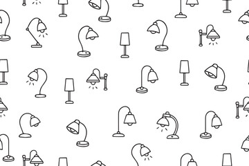 Seamless pattern of hand drawn light bulb icons. Different types of lamps: Pendant lamps, table lamps, lanterns, lamps with lampshades for indoor lighting. Vector