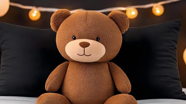 A cute brown teddy bear sitting on a bed with black pillows and string lights in the background.