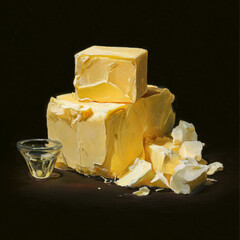 block of butter, with crumbled pieces beside it, sits on a black surface, highlighting its creamy texture.
