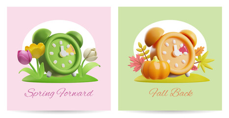 Spring forward, Fall Back 3D cartoon vector posters set, alarm clock, pumpkin, autumn leaves and spring tulip flowers