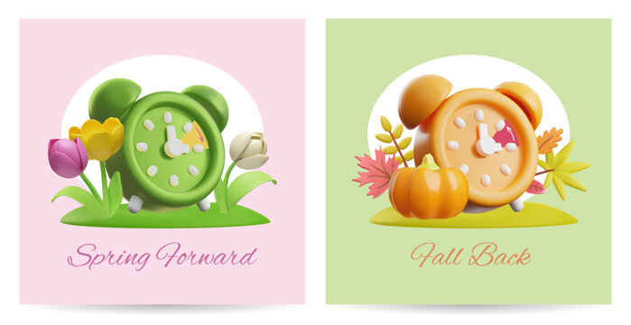 Spring forward, Fall Back 3D cartoon vector posters set, alarm clock, pumpkin, autumn leaves and spring tulip flowers