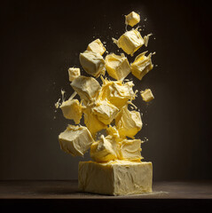 block of butter, with crumbled pieces beside it, sits on a black surface, highlighting its creamy texture.