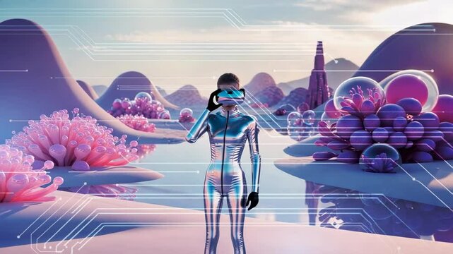 Standing gloved VR user in chrome suit on glass plane, pressing visor sensor to activate interface - Powered by Adobe