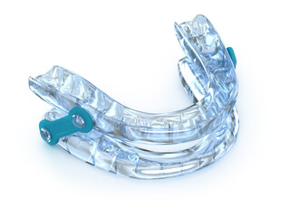 Oral appliance therapy device, sleep apnea treatment. 3D illustration.