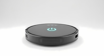 A modern, black, circular electronic device with an illuminated power button.