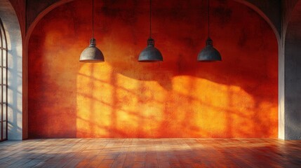 Fototapeta premium Empty sunlit room with terracotta walls and hanging lamps
