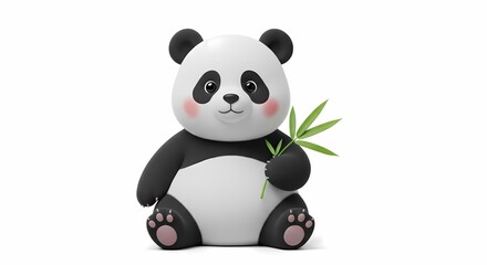 Fototapeta premium Adorable cartoon panda sitting, holding bamboo leaves against a white background.