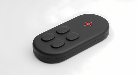 A black, rounded rectangular remote control with four buttons and a red X symbol on a white background.