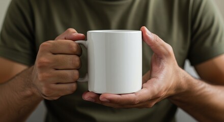 Man's Hands Holding a White Ceramic Mug, Close-Up Studio Shot