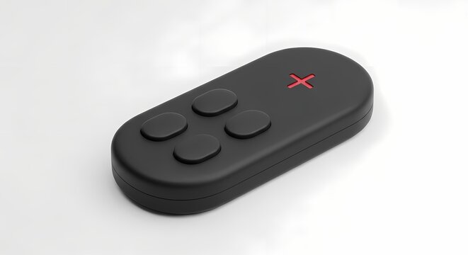 A black, rounded rectangular remote control with four buttons and a red X symbol on a white background.