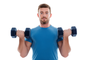 man in workout pose holding dumbbells  isolated on white background