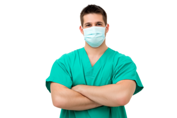 healthcare professional wearing surgical mask isolated on white background