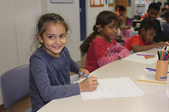 young student sitting at the table, painting and laughing