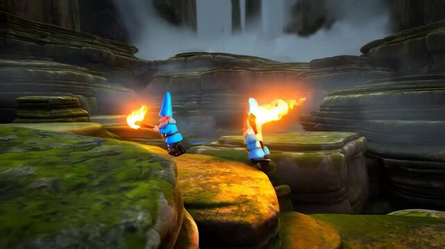 Gnomes with torches outdoors